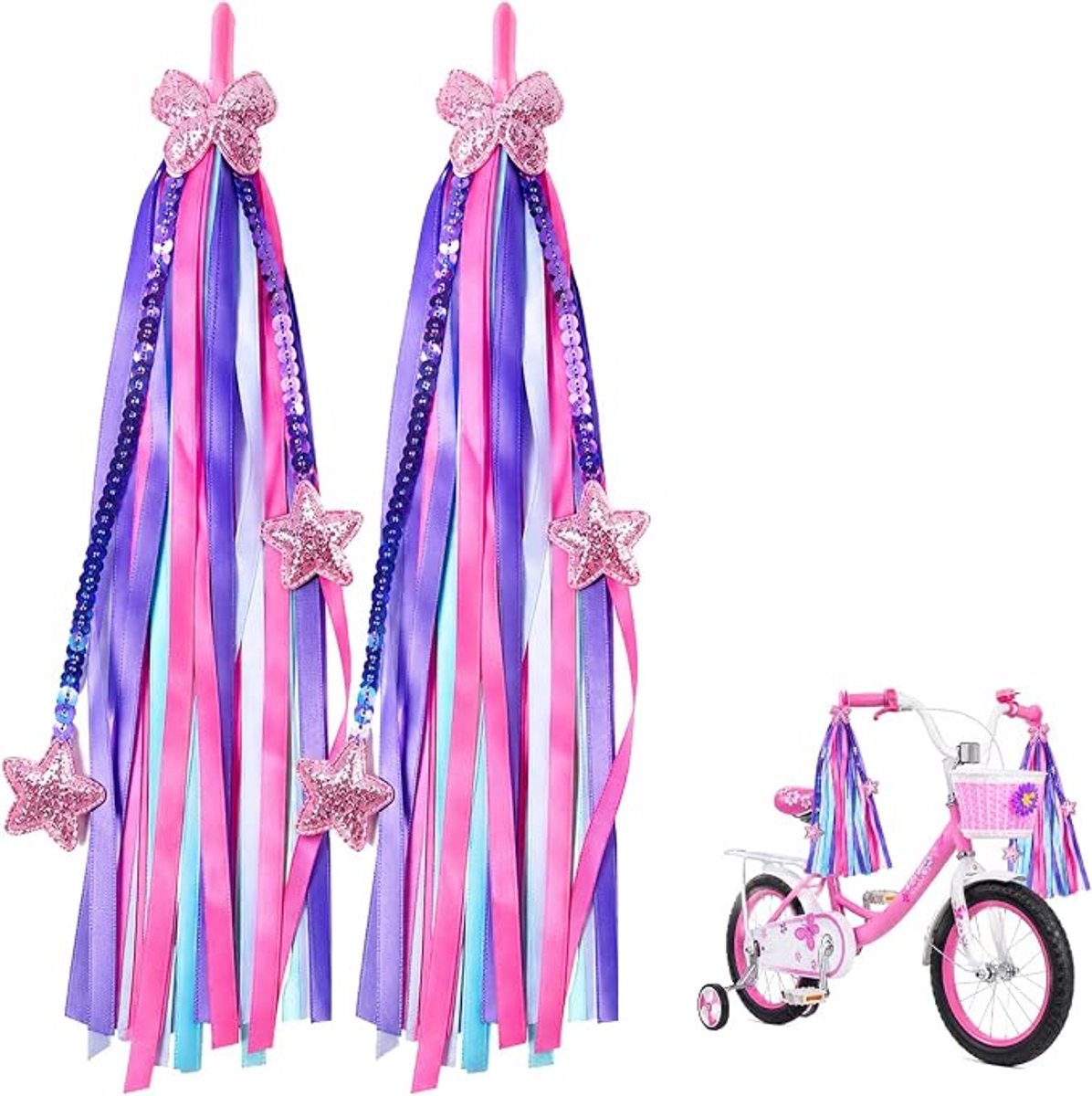 KZQ 2 Stuks Fiets Streamers voor Stuur – Paarse en Roze Stuurkwastjes met Sterren en Vlinders – Decoratieve Handvat Linten voor Fiets, Step en Driewieler – 28 cm