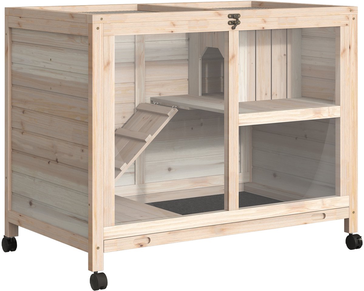 PawHut - Konijnenhok - Massief hout - 91,5x53,3x73cm - Natuurlijk hout