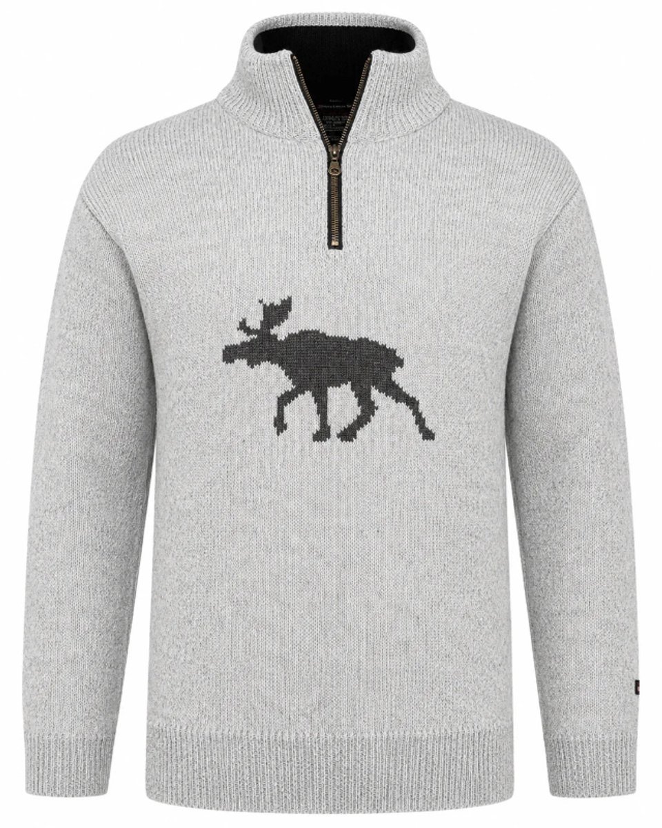Noorse wollen trui met elandmotief en halve ritssluiting – Norfinde - 100% wol - Grijs