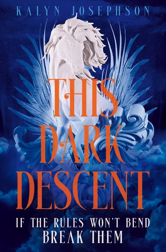 Boekomslag met de titel 'This Dark Descent' in oranje letters, met een wit beeld van Pegasus en blauwe veren.