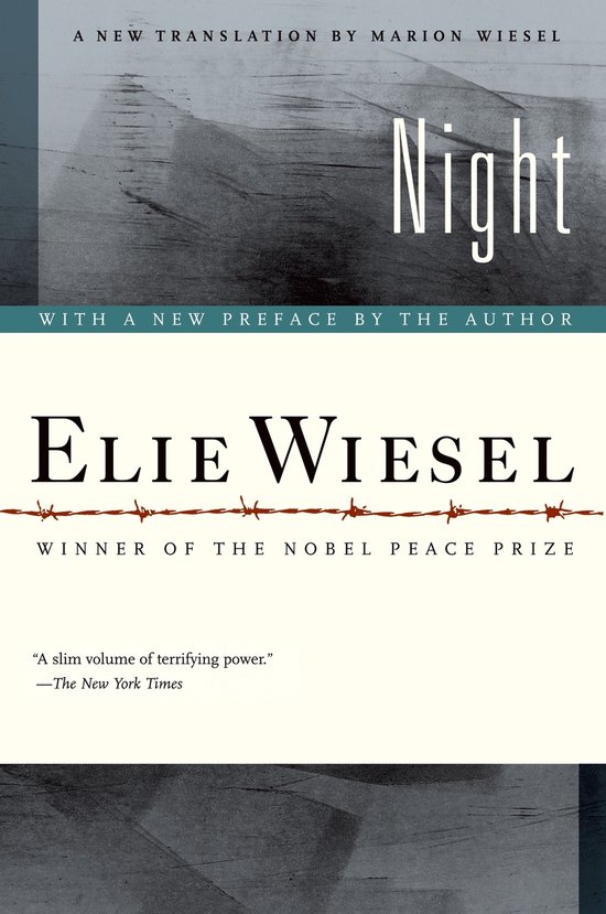 Boek "Night" van Elie Wiesel. Titel in grote witte letters, met achtergrond van abstracte grijze strepen en een nieuwe voorvoegsel van de auteur.