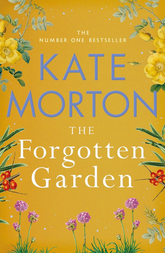 Couverture du livre 'The Forgotten Garden' par Kate Morton, avec fond jaune et décorations florales et feuillagées.
