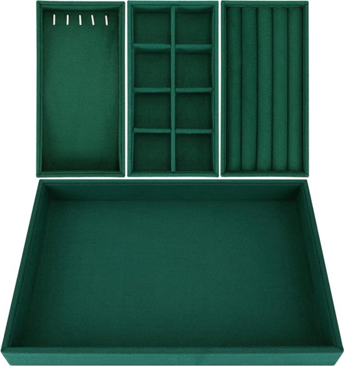 Sieraden Organizer - Opbergsysteem - Velours - Stapelbaar - Display - Verwijderbare Secties - Kettingen - Ringen - Armbanden - Oorbellen - Groen - 35,3 x 24,2 cm - Lade - Geschikt voor Opslag - Bakken - Dozen .