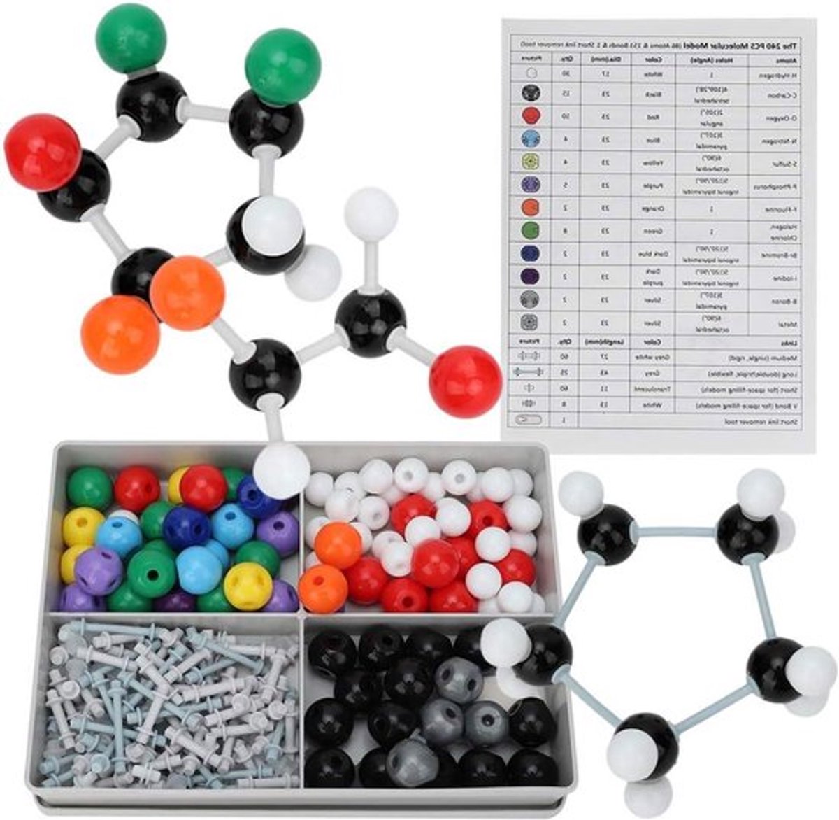 - Chemie Molecuul Bouwset - 240 Stuks - Atomen en Moleculen - Structuur Model - Set voor Studenten - Organische Anorganische Structuren - Geschikt voor Onderwijzers - Kleurrijke Moleculen Bouwpakket met Elektronen Orbits.