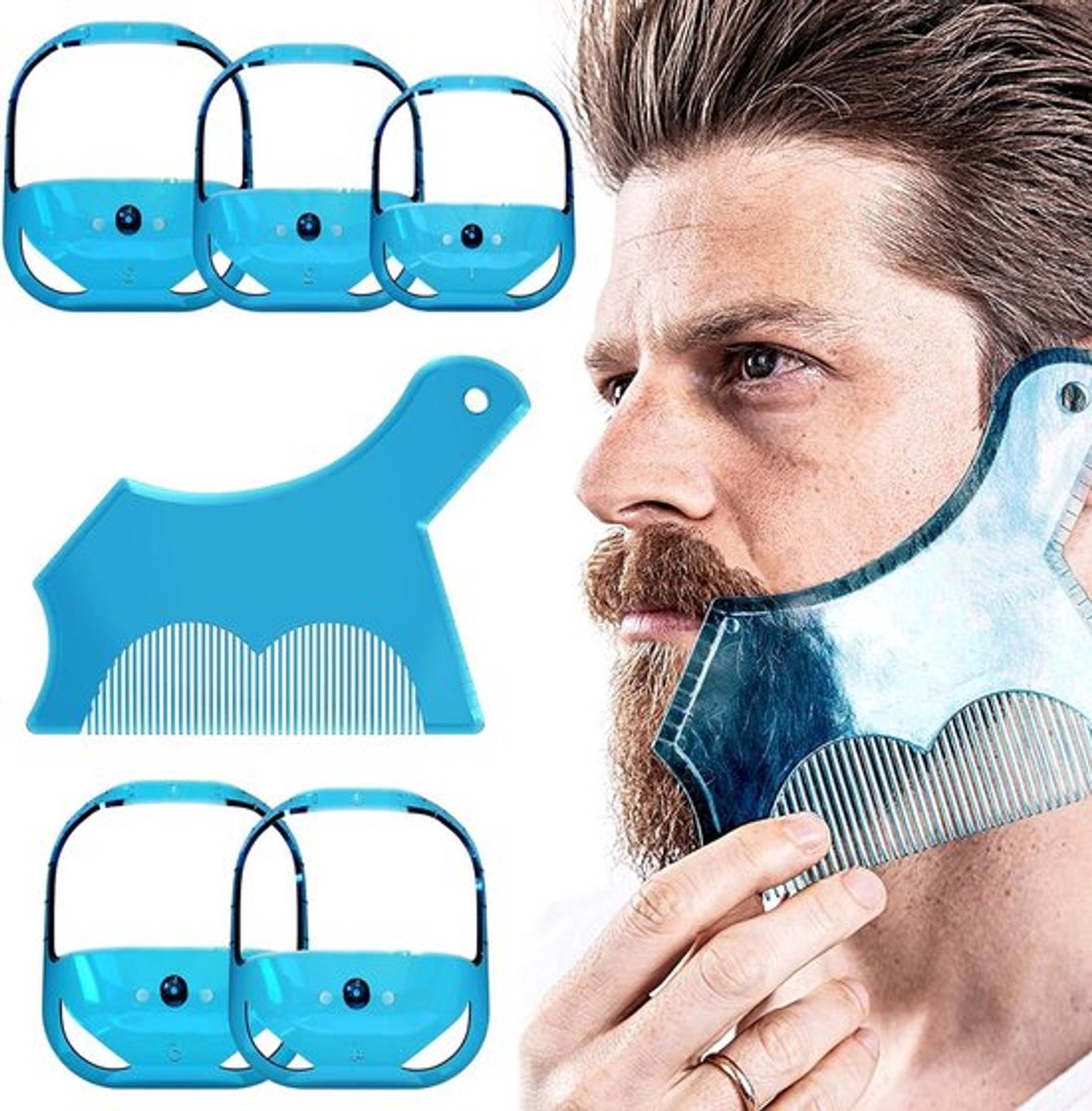 - Baardvorm- en stylingtool - Kam - Sikjetrimmersjabloon voor mannen - Blauw - Baardgeleider - Shaper - Geschikt voor alle baardlengtes - Handig accessoire voor baardverzorging, professionele look