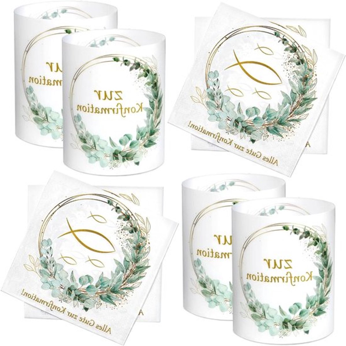 20 Servetten en 12 Windlichten voor Tafeldecoratie | Eucalyptus Groen | Gastgeschenk Vormsel en Confirmatie voor Jongens en Meisjes, 33 x 33 cm