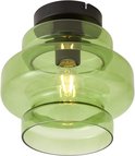 Groene glazen plafondlamp met een laag, rond glas en een breder, rond glas eronder.