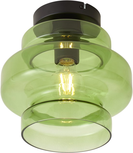 Groene glazen plafondlamp met een laag, rond glas en een breder, rond glas eronder.