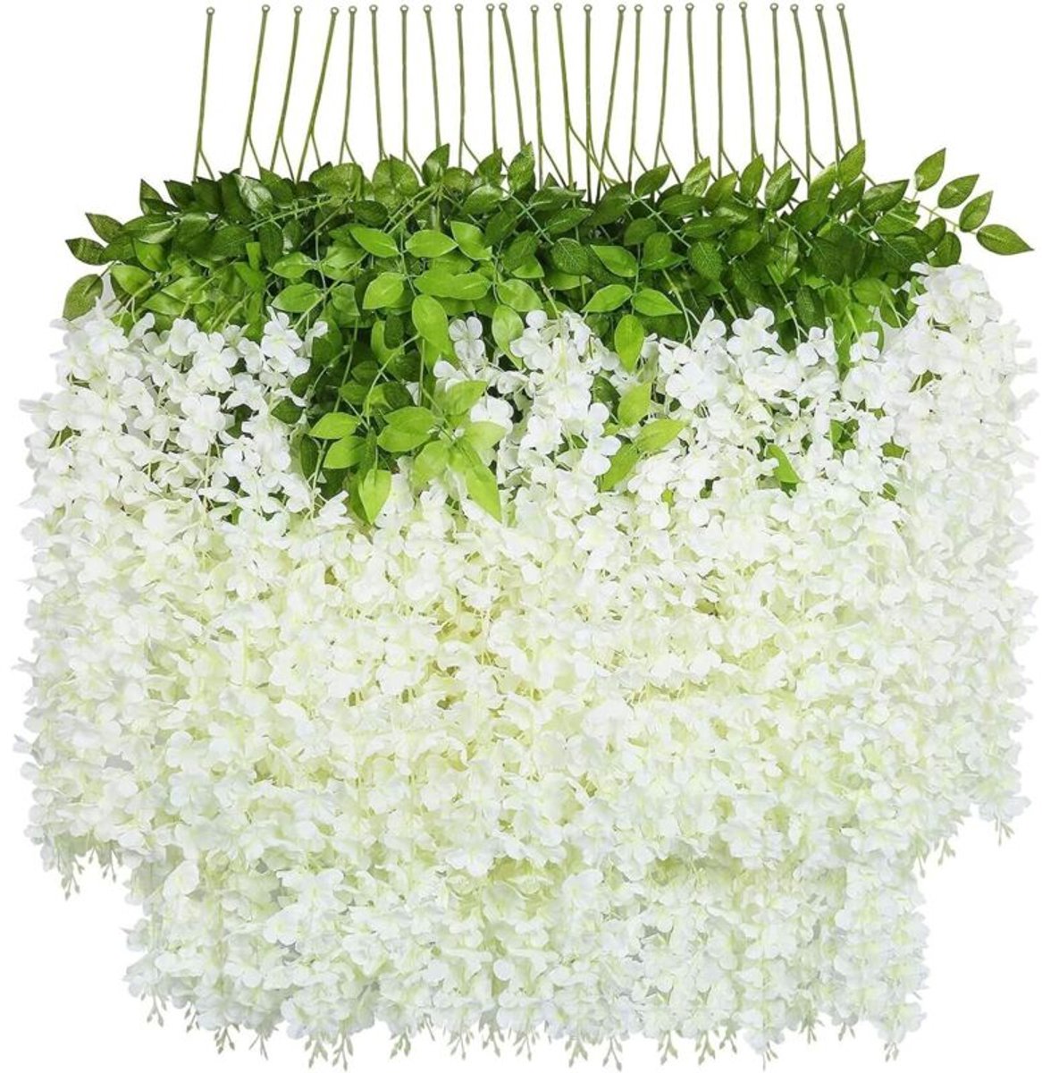 Kunstmatige witte blauweregenkrans, 24 bloemen – 100 cm lang – Hoogwaardige zijde – Bruilofts- en evenementdecoratie