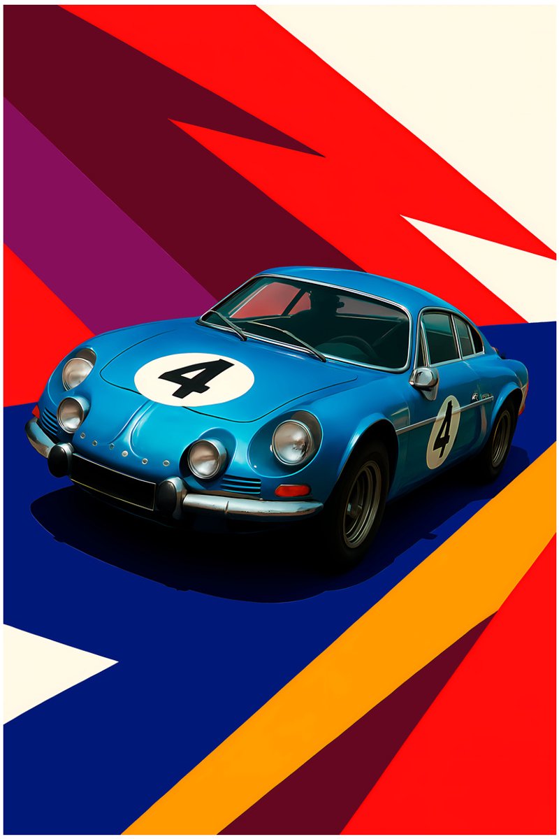 Raceauto Poster - Blauwe Klassieke Raceauto Nummer 4 - Classic Racing Collection - Posters voor Autoliefhebbers - A2+ 43,2 x 61 cm