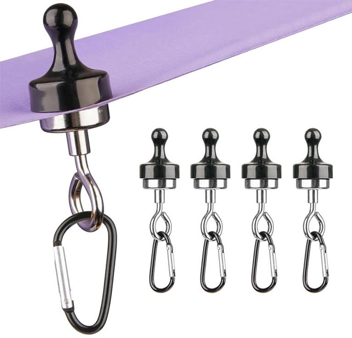 KZQ Set van 4 - Magnetische haken - Magnetische kledinghangers met clip - Sterke neodymiummagneten met karabijnhaken - Magnetische haken met draaibare haken - Geschikt voor cruises, barbecues en kamperen - Zwart