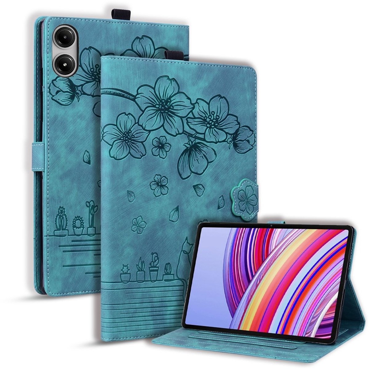 Coverup Tablethoes geschikt voor Xiaomi Redmi Pad 2 Pro / Pad Pro Hoesje - Flowers & Cat Book Case - Groen