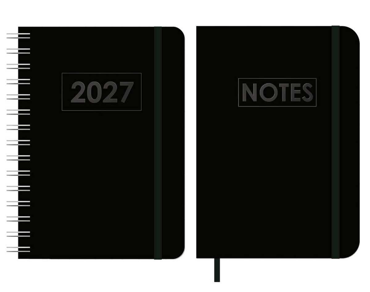 MGPcards - A5 Wire-O Agenda 2027 - Weekoverzicht 1w/2p - Zwart + Zwart elastiek - 14,8 x 21 cm + Notitieboekje/opschrijfboekje - gelinieerd - 80 pagina's - A5 - Zwart