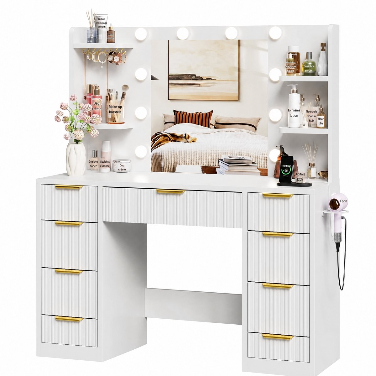 Devoko Kaptafel 108x40x137 cm - Stopcontact met USB en USB-C - Föhnhouder - Spiegel met 12 LED Lampen - 9 Lades - Wit