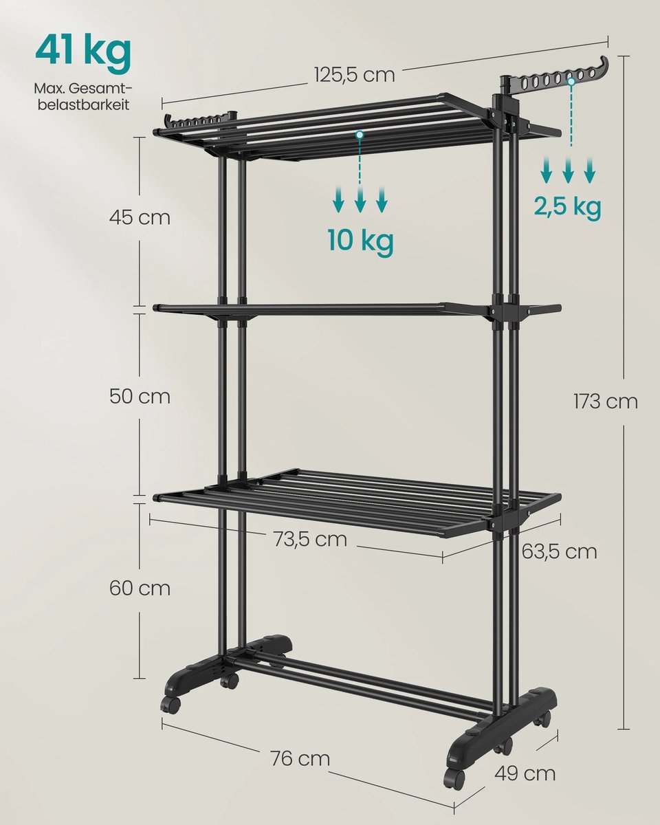 Prime Home Wasrek - Droogrek - Droogtoren - Droogrek inklapbaar - Wasdroger - Standaarddroger - 4 niveaus - Vleugelwasdroger - Opvouwbare vleugels - met wielen - 63,5 x 125,5 x 173cm - Groot - Zwart