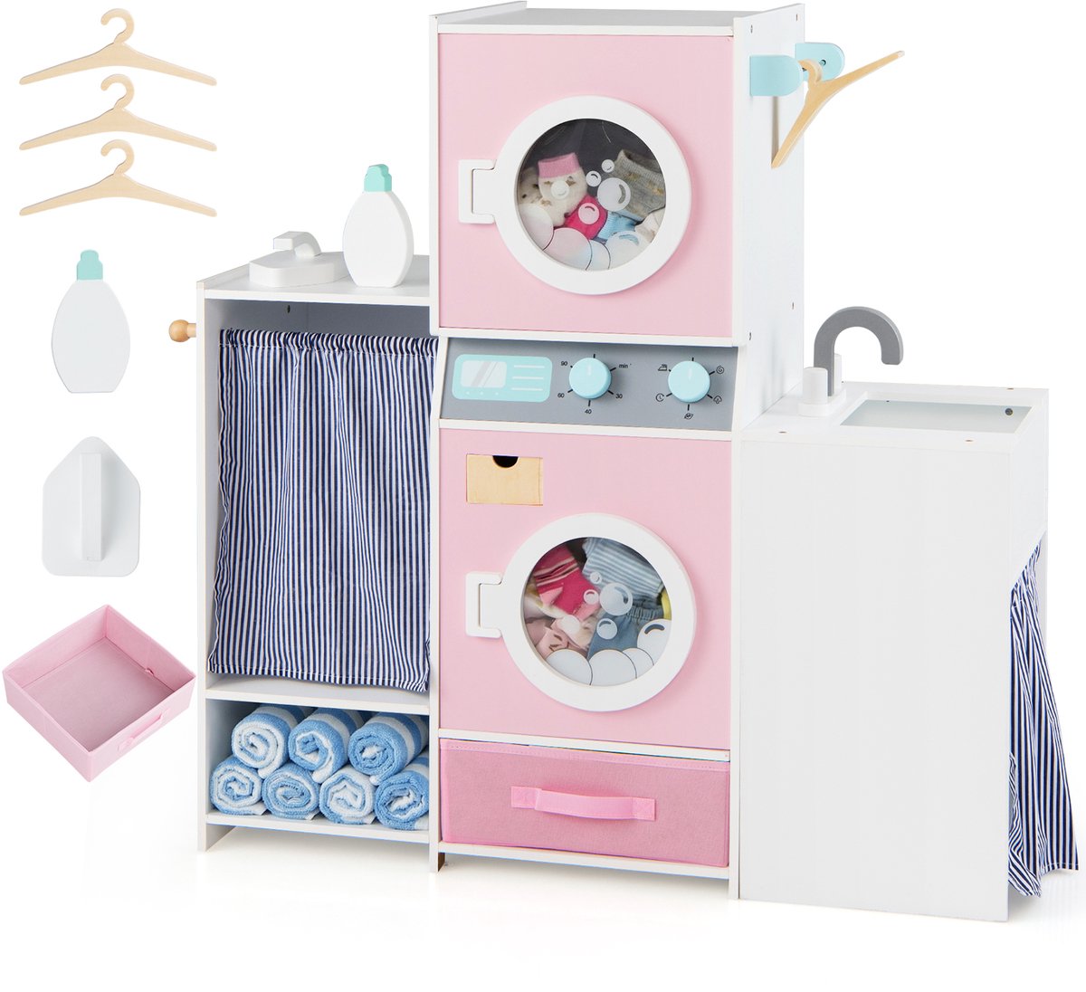 COSTWAY Houten Kindermachine, Speelgoed Wasmachineset met Wasmiddel, Strijkijzer, Kleerhangers & Stoffenlade, Wasserset voor Kinderen vanaf 3 jaar