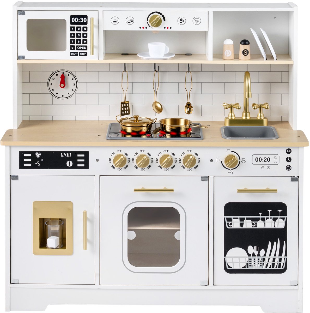 COSTWAY Kinderkeuken met licht en geluid, speelkeuken van hout met fornuis, gootsteen, oven, ijsmachine, magnetron, koffiezetapparaat, houten keuken incl. 14 accessoires, speelgoedkeuken voor kinderen