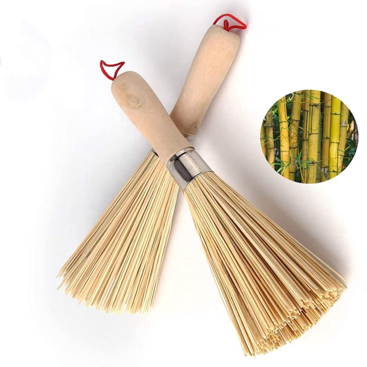 Een set van twee traditionele bamboe wokborstels, keukenborstels en bamboe pannenborstels, die gebruikt kunnen worden Geschikt voor het schoonmaken van servies, gietijzeren pannen, koekenpannen, groenten en gootstenen.
