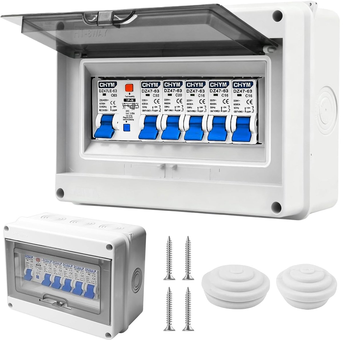 Veiligheidsverdeelkast IP65 met hoofdschakelaar, 63A, 4-voudig, 2x6A, 10A, 20A, 32A en FI-beveiliging voor betrouwbare stroomverdeling