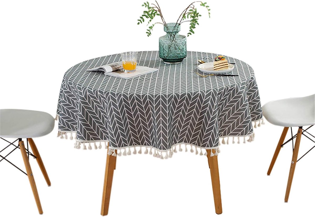 Tafelkleden – Katoen-linnen tafelkleden –Grijze pijltjeskwastjes - Rond – Farmhouse-stijl – 150 cm – Geschikt voor decoratie van keuken-, eetkamer- en terrastafels – Grijs&Wit