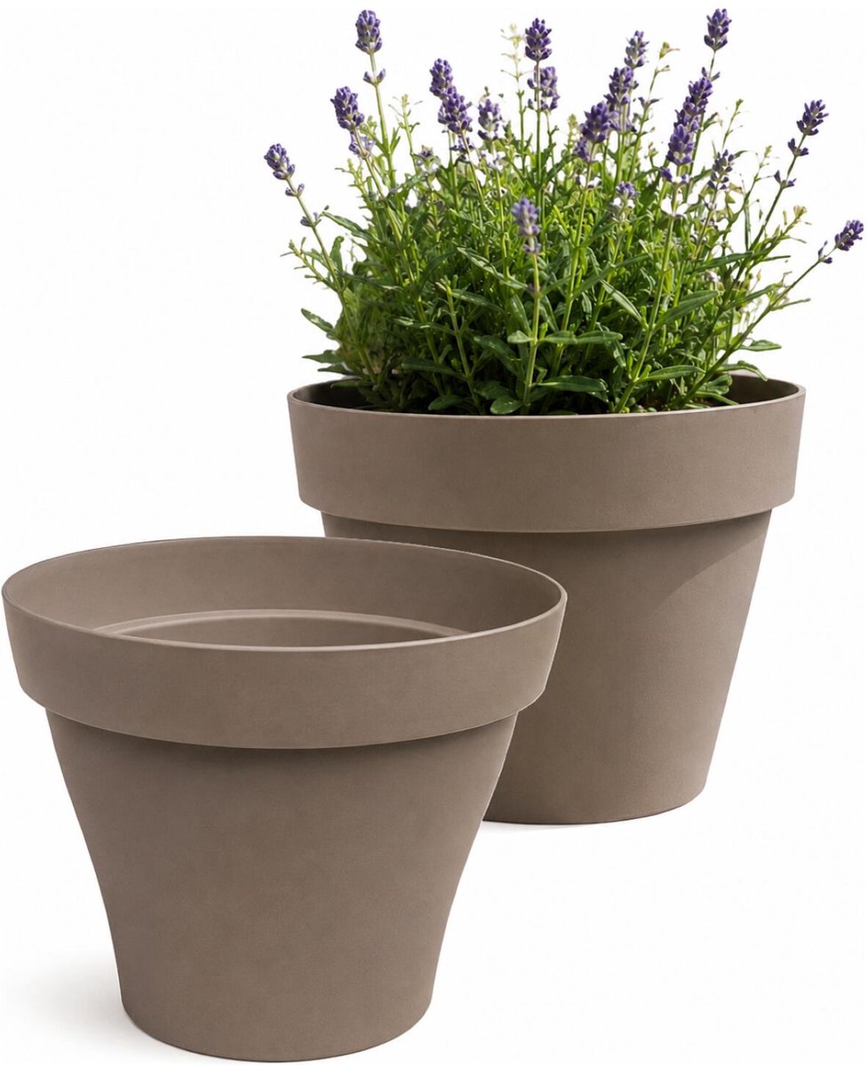 EDA Romeo Bloempot / plantenpot - 2x - kunststof - taupe - D30 x H23 cm - binnen en buiten