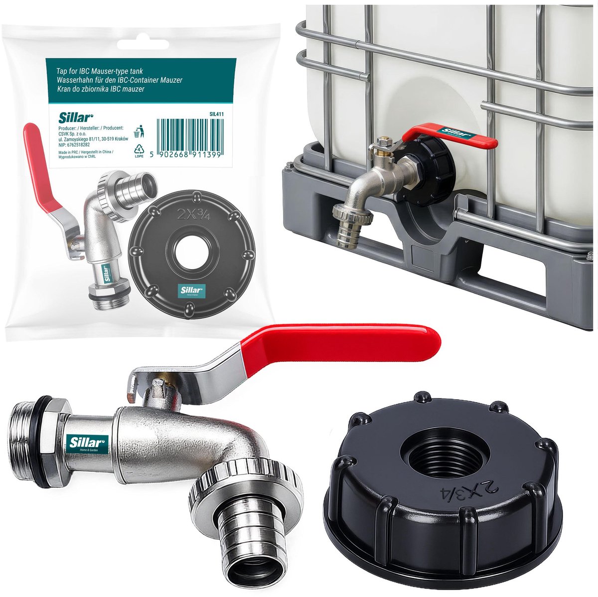 Sillar Tankkraan voor IBC-watertanks - tankadapter 3/4 inch S60X6 draad - complete kraan met ergonomische hendel, pakking