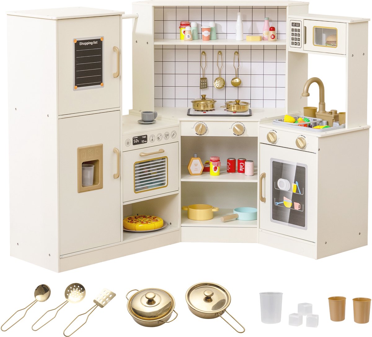 COSTWAY Kinderkeuken, hoekspeelkeuken met ijscodispenser, fornuis, oven, magnetron, vaatwasser, watercirculerende kraan en kookaccessoires, houten keuken met waterpompfunctie voor kinderen vanaf 3