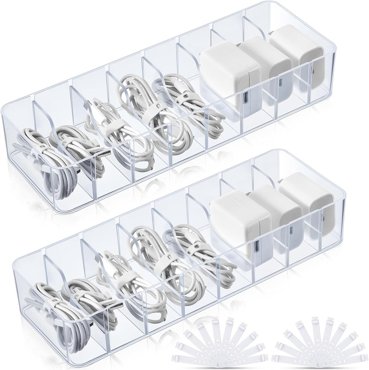 Daity 2 stuks - Kabelopbergdoos - Kabelorganizer - Transparante kabelbeheerdoos - Oplader kunststof opbergdoos - Met deksel - Transparante kleur - 26*10*6 cm - Geschikt voor thuis kabeloplader elektronische accessoires opslag