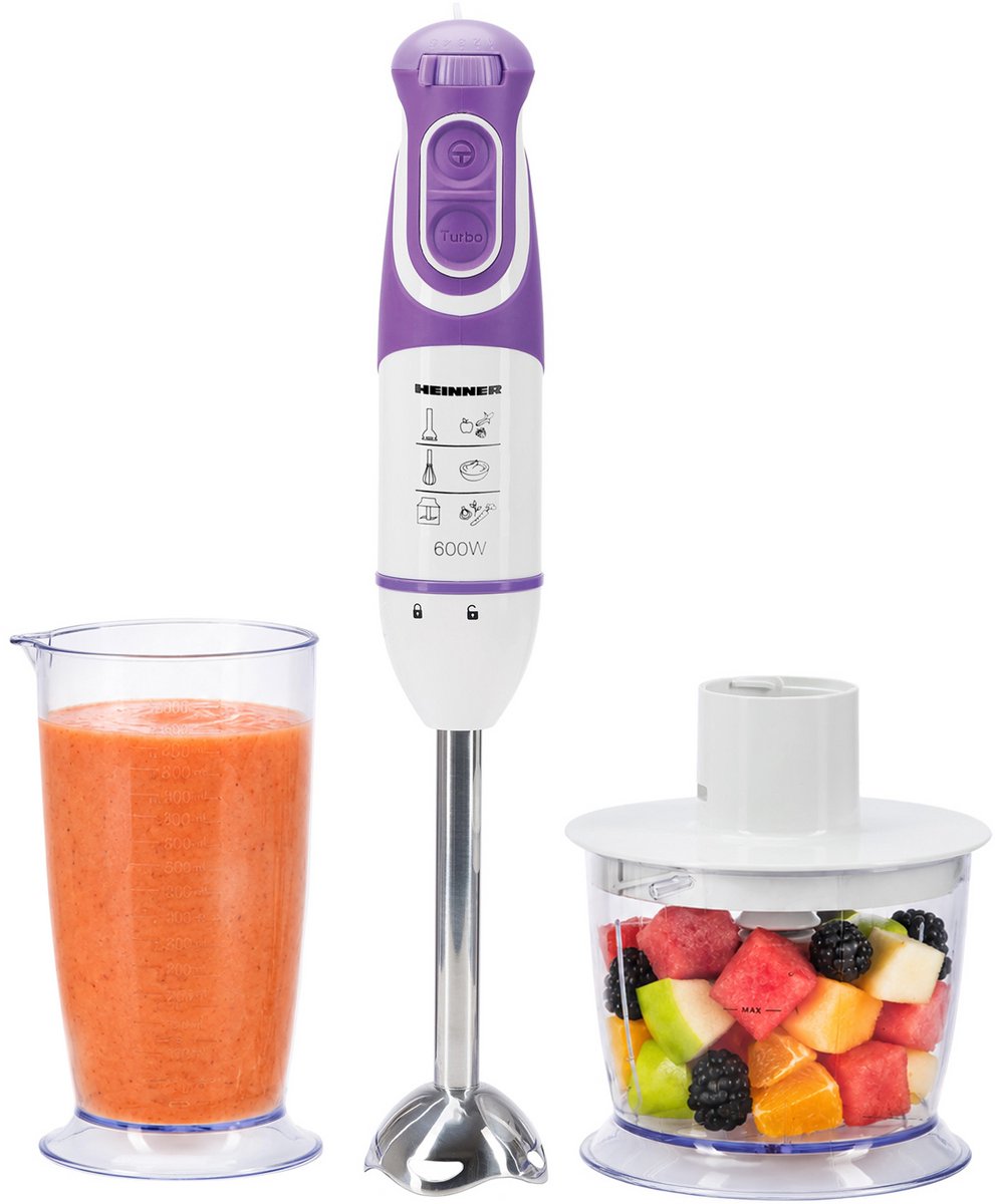 Heinner Staafmixer Set – 600W – 5 Snelheden – Turbo Functie – 700 ml Maatbeker – Hakmolen – Garde – RVS Staaf – Wit/Violet