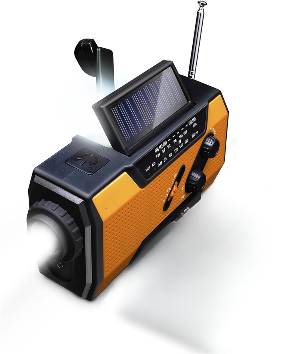 KIRA® Opwindbare Radio - Opwindbare Zaklamp - Opwindbaar & Zonne-energie - Zwart/Oranje - 16cm x 8cm x 6cm