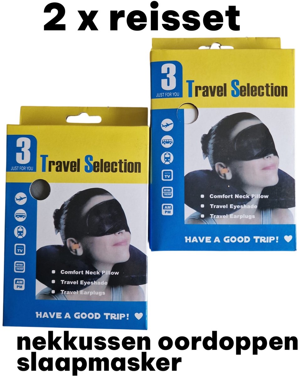 2× Reisbenodigdheden Set – Nekkussen, Oordopjes & Slaapmasker (3‑delig per set)