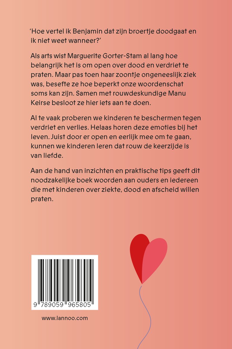 Boek 'Kinderen rouwen ook' met een hartvormige illustratie en ISBN.