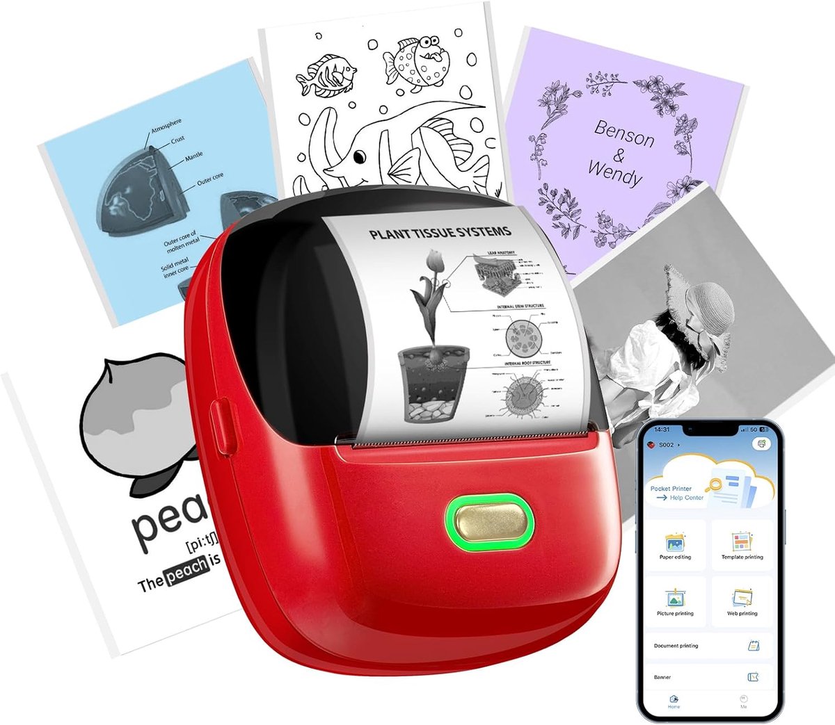 Labelprinter Bluetooth – Thermische Etikettenprinter Zonder Inkt – 300 DPI – Draagbaar – 20-57 mm – Rood