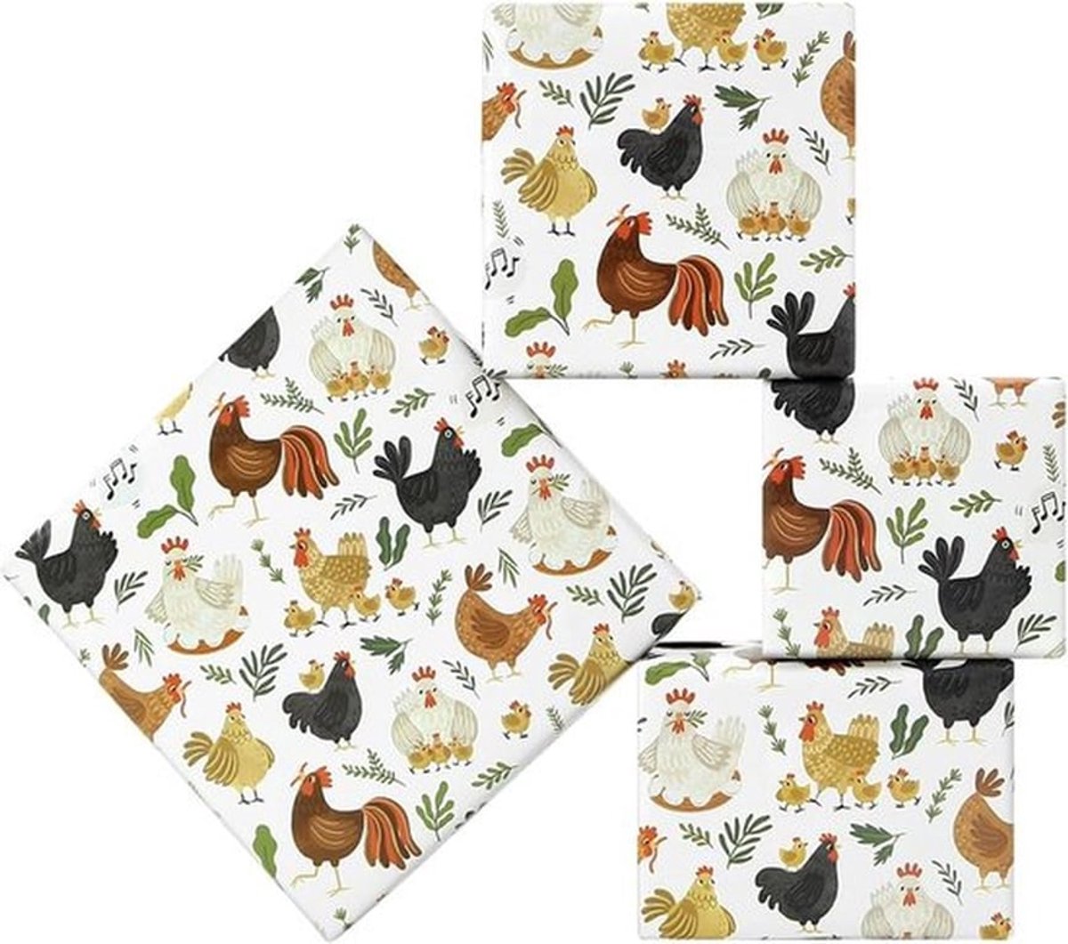 Boerderij Dier Geschenkpapier voor Kinderen - Jongens - Meisjes - Boerderij Vrienden - Haan - Kippen - Kuutjes - Verjaardag - Babyshower - 4 Vellen Vouwpapier
