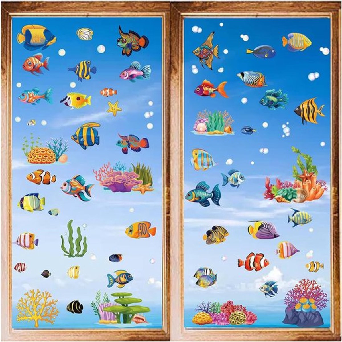 8 vel vis-vensterstickers – Tropische vissen – Muurstickers – Koraal – Zeester – PVC – Waterdicht – Zelfklevend vinyl – Los- en plak – Voor slaapkamer, woonkamer, winkel en kinderkamer – Wanddecoratie