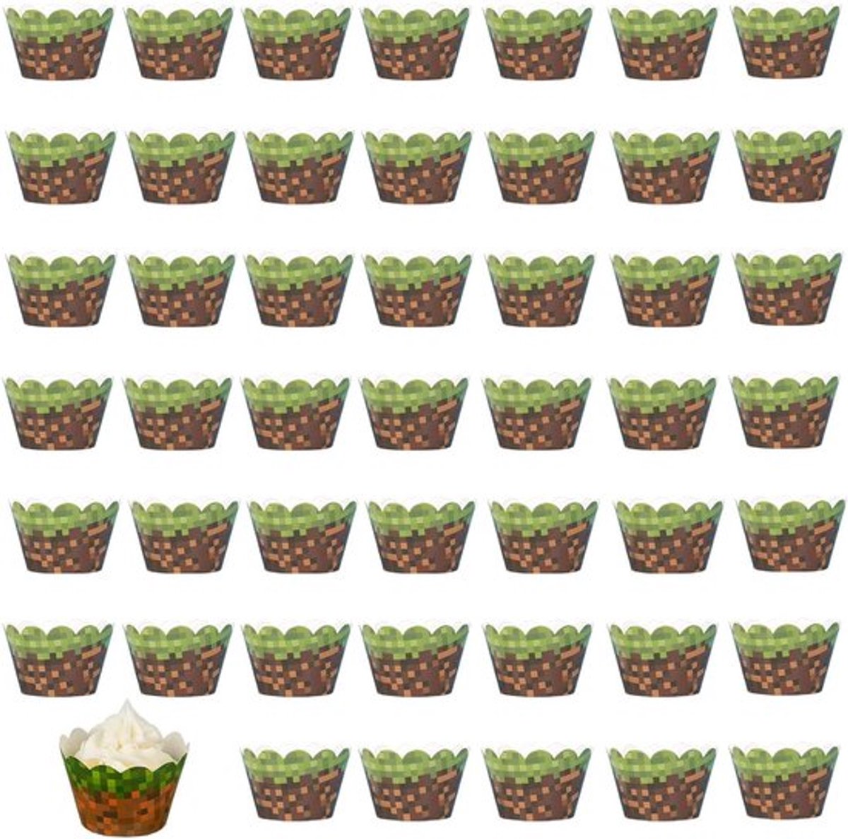 Cupcake Toppers en Wrappers Pixel Spel Thema - 48 stuks - Mijnwerker Cupcake Decoraties voor Verjaardagsfeestje - Babyshower - DIY Taart Rand - Muffin Bakken