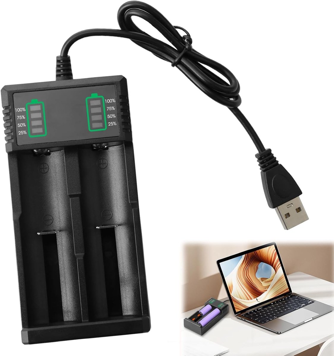 Acculader 18650 - Zwart - 2,8 x 5,8 x 11,7 cm - Met USB-aansluiting voor Lithiumbatterijen - Voor Thuis en Reizen