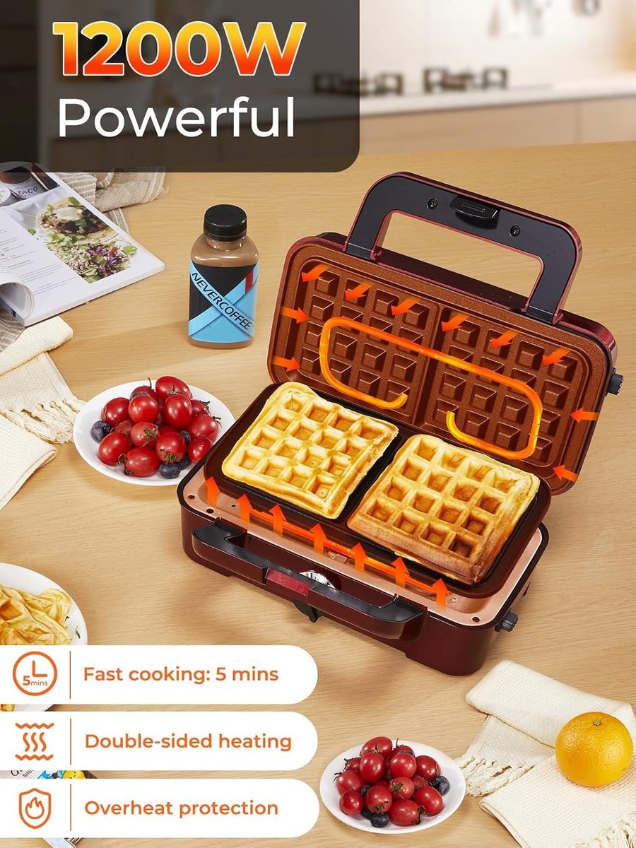 Croque Monsieur-machine - Rood - 1200 W - 3-in-1 Multifunctioneel Wafelijzer - Voor Gezond Koken