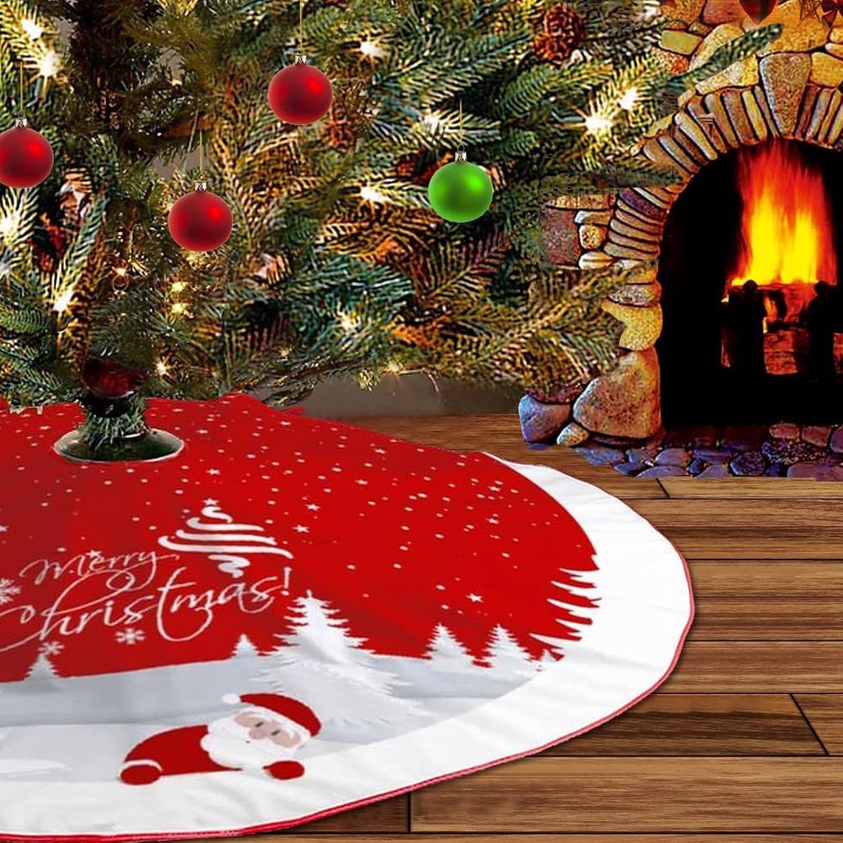 Kerstboomrok - Rood - 91 cm - Luxe Polyester met Sneeuwvlok en Kerstman - Voor Binnen en Buiten
