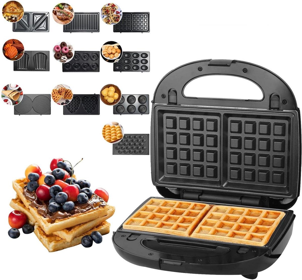 10-in-1 Wafelijzer - Sandwichmaker Apparaat - Veelzijdig Bakken - 10 Verwisselbare Platen - 22 x 22.5 x 10.5 cm - Zwart