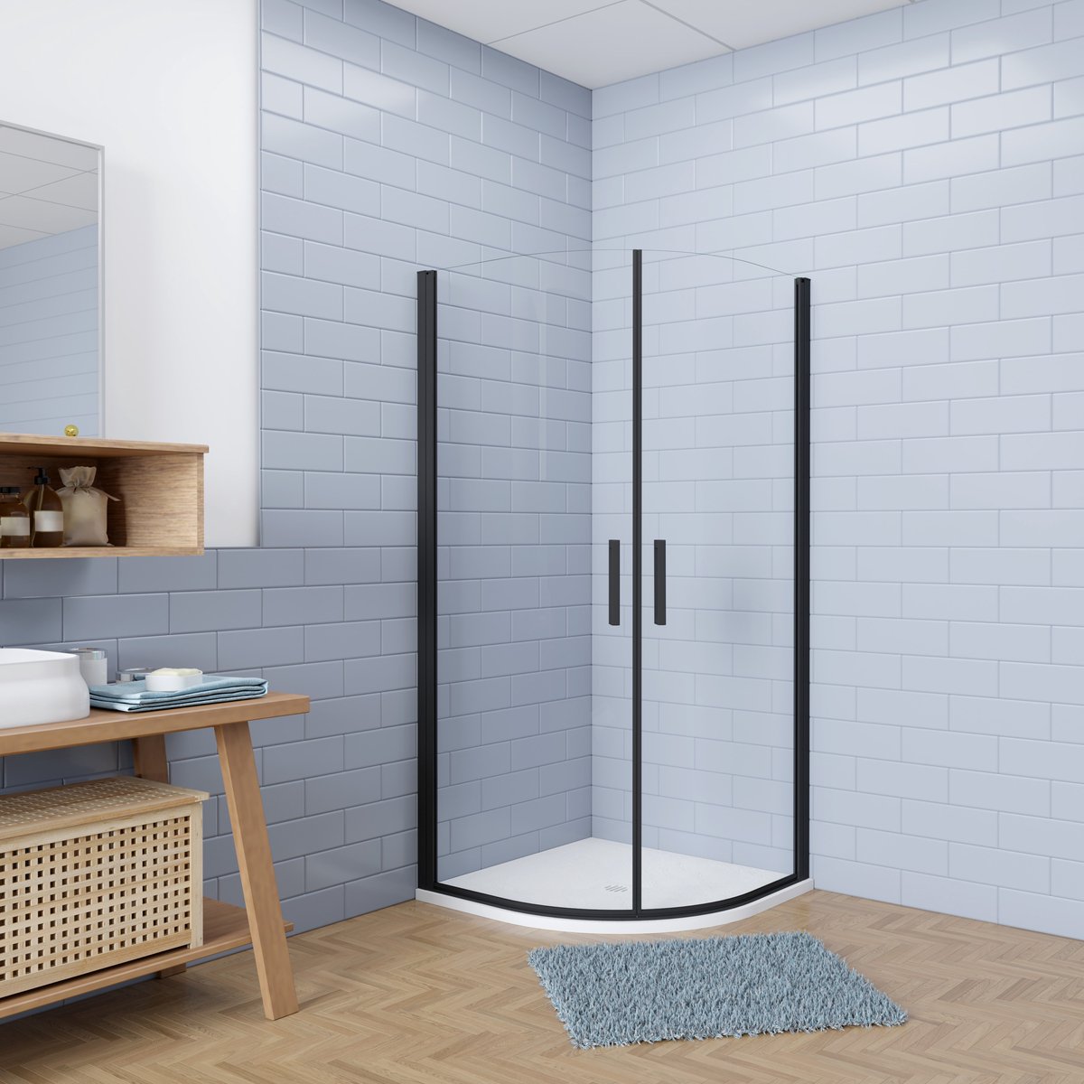Aica Hoogwaardig stijl kwartronde Douchecabine 80x80x195cm dubbele draaideuren incl. wit ultraplatte douchebak - Slate leisteenlook - incl. sifon - 6mm gehard veiligheidsglas easyclean - mat zwarte aluminium Profiel