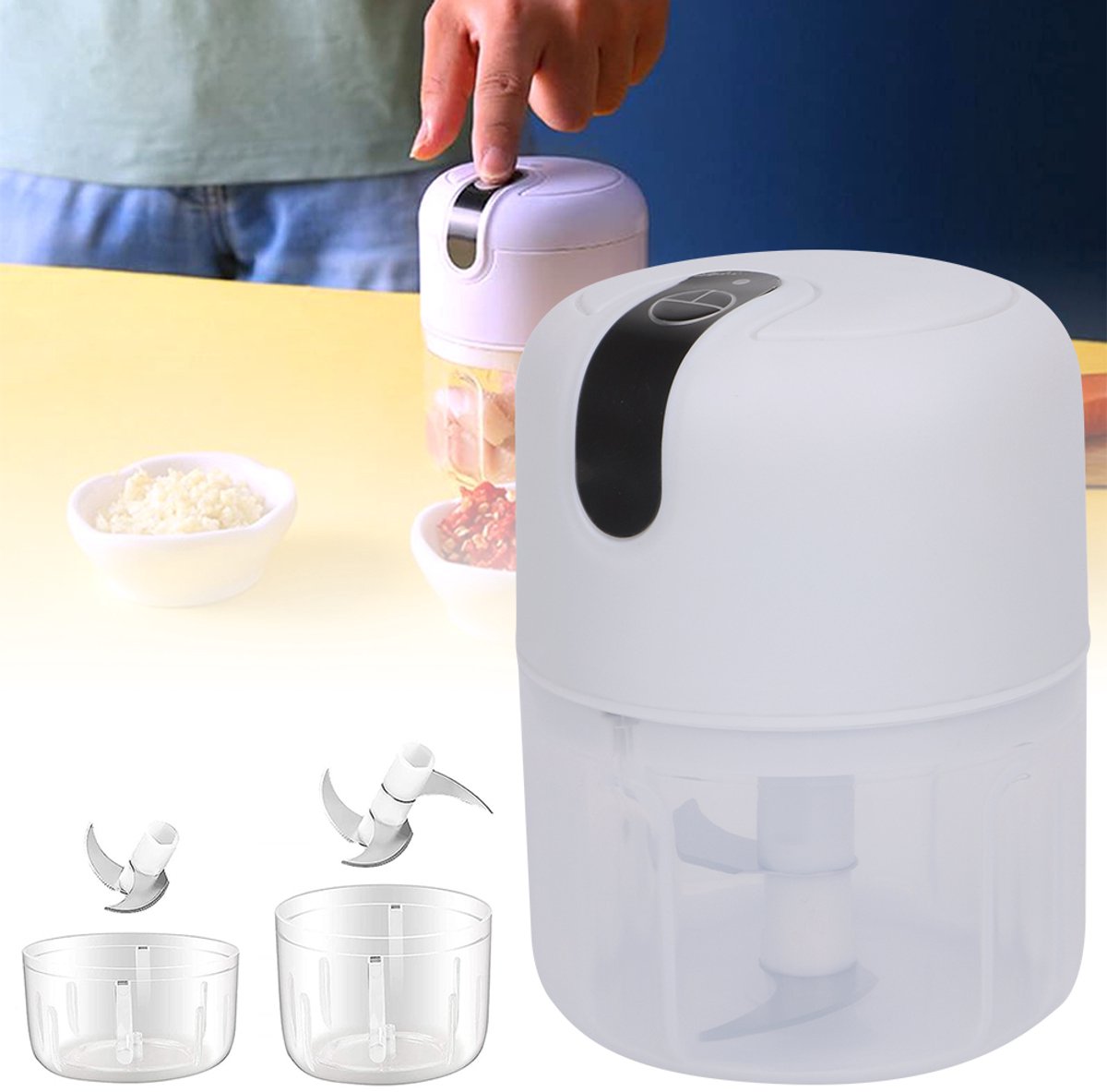Hakmolen Elektrisch - Mini Food Processor - Portable Chopper - 100 & 250 ml Dubbele Bekers - Dubbel & Drievoudig Mes - Draadloos - Voor Knoflook & Ui & Gember & Babyvoeding - Keukenmachine
