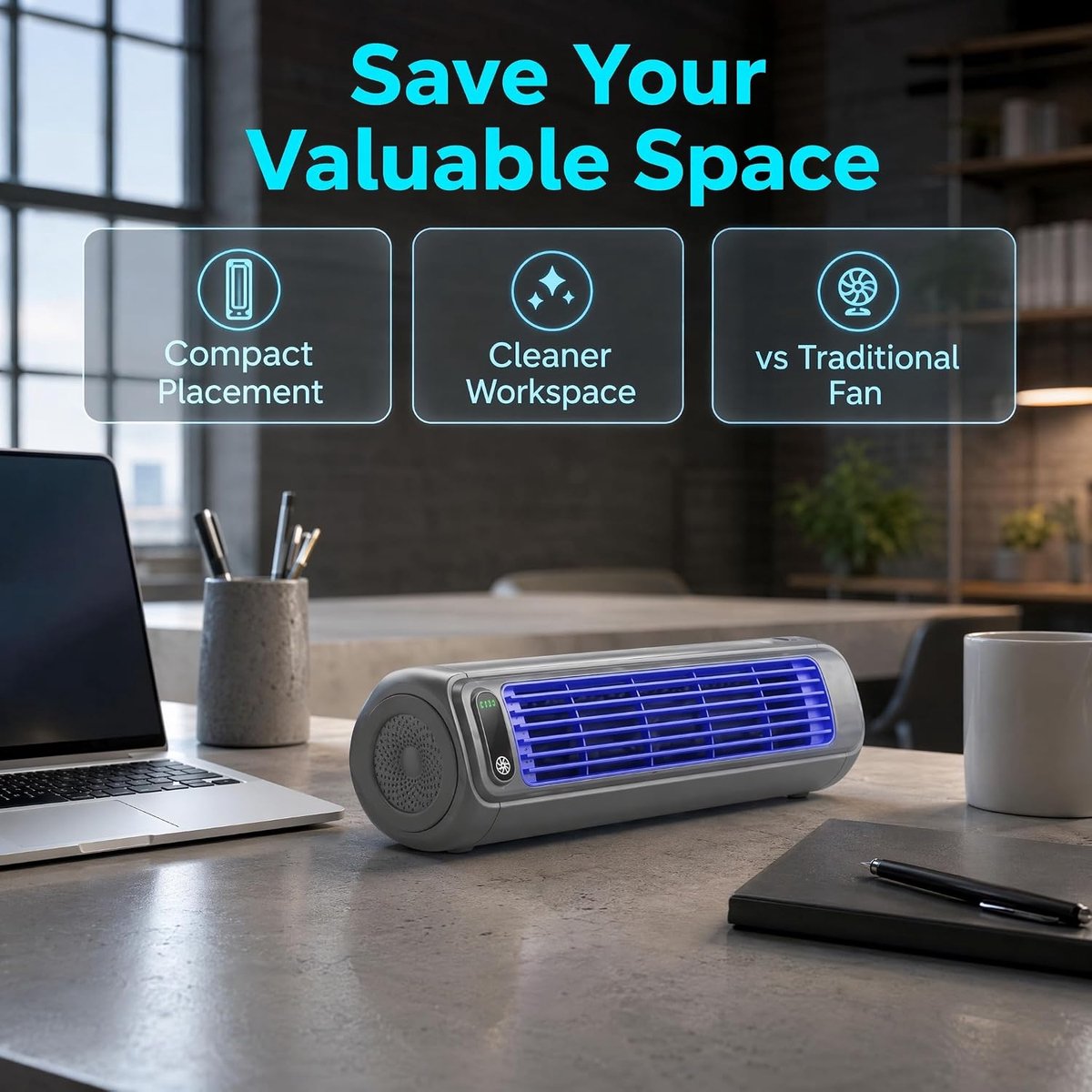 Torenventilator - Ventilator - Mobiele Aircooler - Desktop Ventilator - Mini Luchtkoeler - 2000mAh - Tafel + Muur - Stille Motor - 3 Standen - Tower Fan - Voor Woonkamer Slaapkamer en Kantoor – foto 8