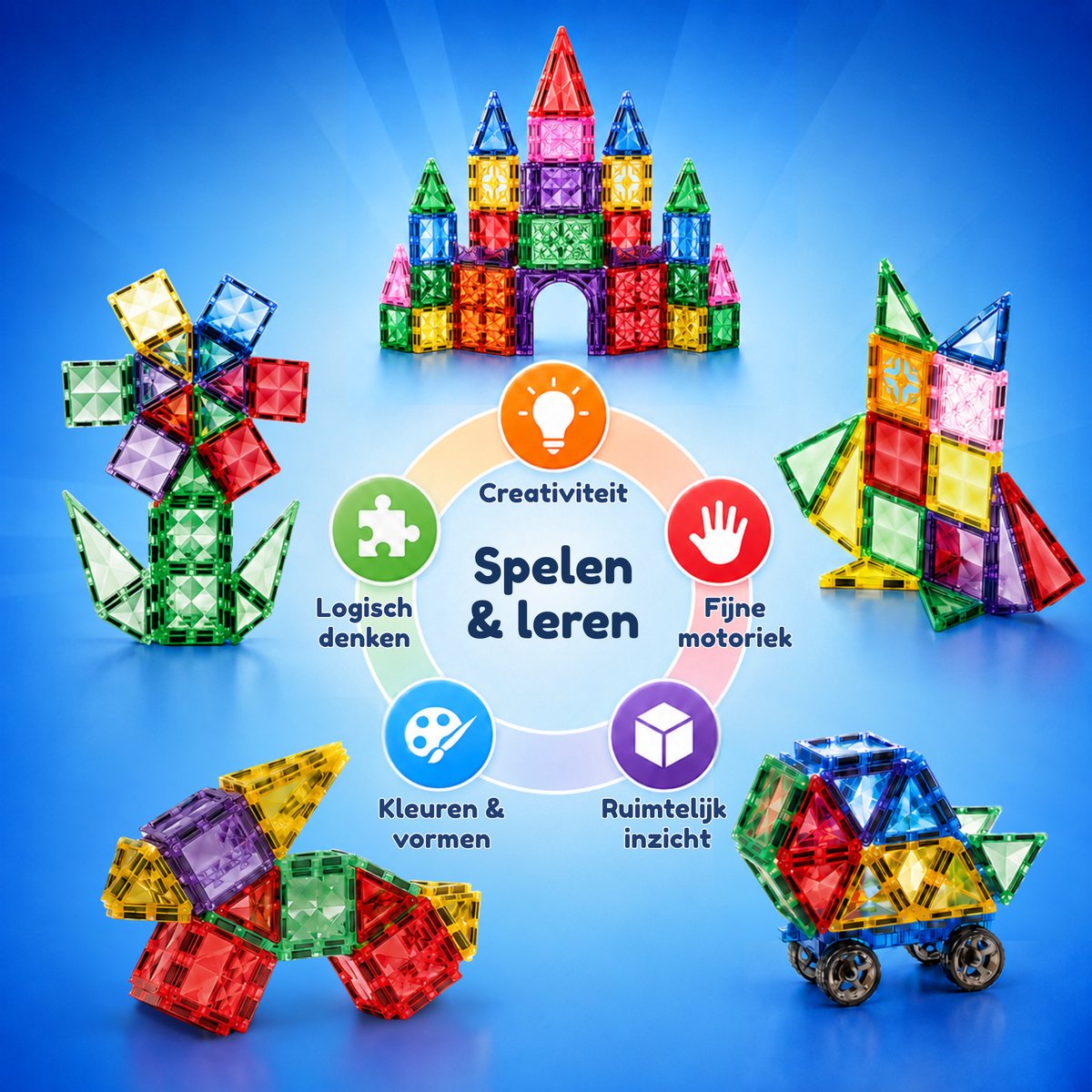 Five Stars® Magnetic Tiles 400 Stuks – Inclusief Bouwopdrachten – Magnetische Tegels Speelgoed – Magnetisch Bouwspeelgoed – Montessori Educatief – Constructie Bouwstenen – Magna Tiles - Cadeau voor Jongens & Meisjes — afbeelding 7