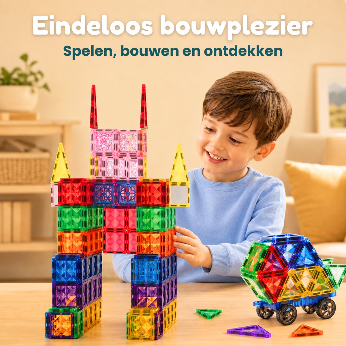 Five Stars® Magnetic Tiles 400 Stuks – Inclusief Bouwopdrachten – Magnetische Tegels Speelgoed – Magnetisch Bouwspeelgoed – Montessori Educatief – Constructie Bouwstenen – Magna Tiles - Cadeau voor Jongens & Meisjes — afbeelding 3