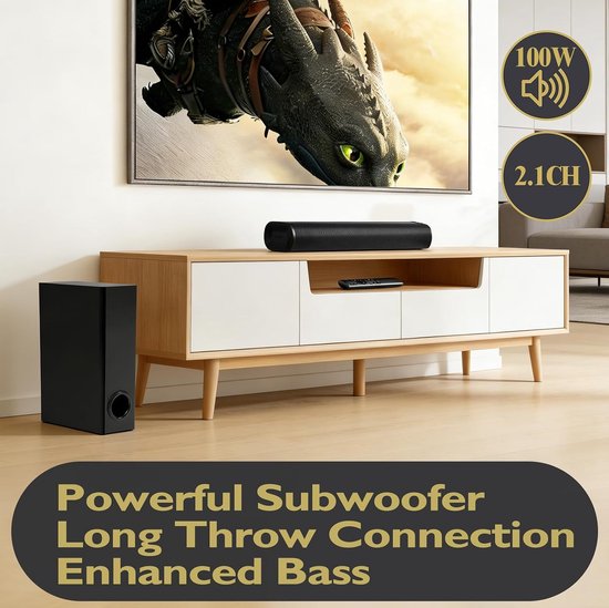 Soundbar met Subwoofer - Thuisbioscoop Systeem - Tv Geluid Verbeteren - 100W Totaal Vermogen - 5.25 Inch Speaker - Zwart — afbeelding 5