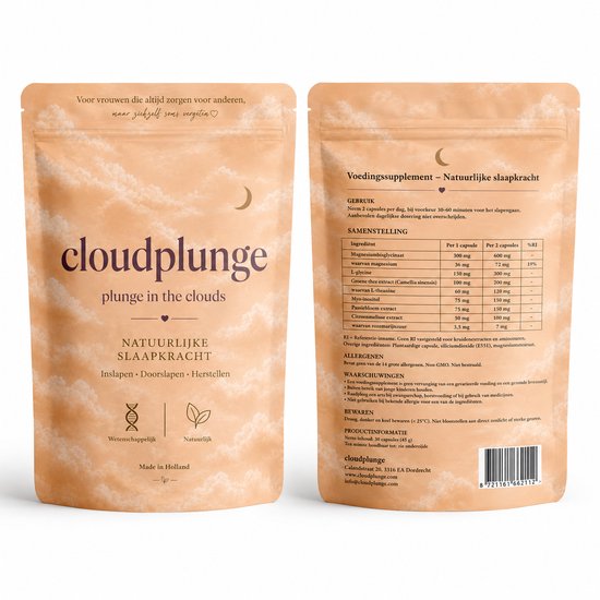 Voorkant en achterkant van een lichtroze pakje cloudplunge. De voorkant toont de merknaam en 'natuurlijke slaapkracht'. De achterkant toont voedingsinformatie.