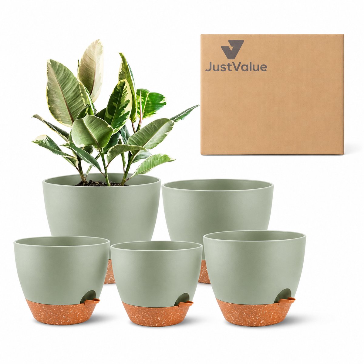 JustValue Zelfbewaterende Bloempotten - Set van 5 - Ø 12,7-17,8 cm - Groen - Met Waterreservoir