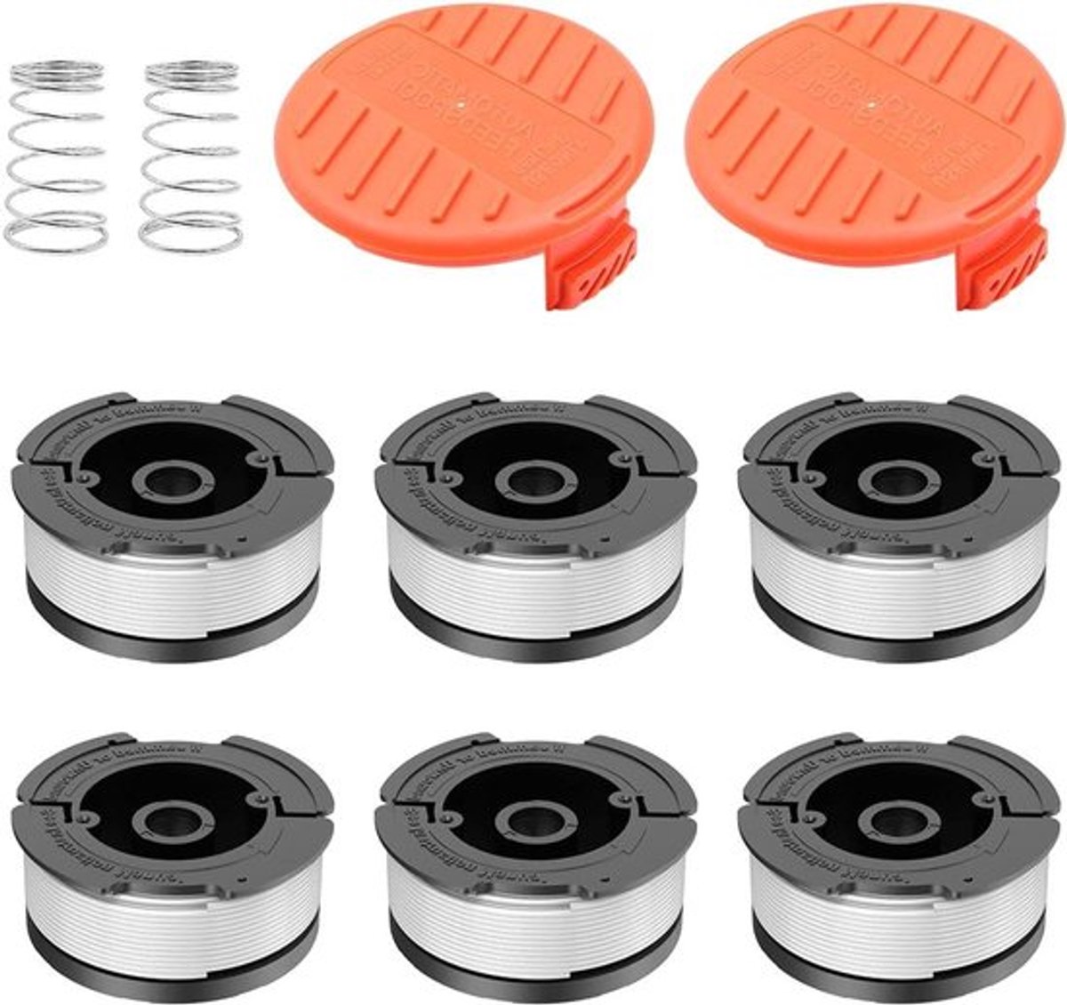 Trimmerdraad - Reservespoel - 30 voet - Autofeed - Draadsnijder - Geschikt voor Black + Decker - AF-100 - 0,065 inch - 6 reservespoelen - 2 trimmerkappen - 2 veren