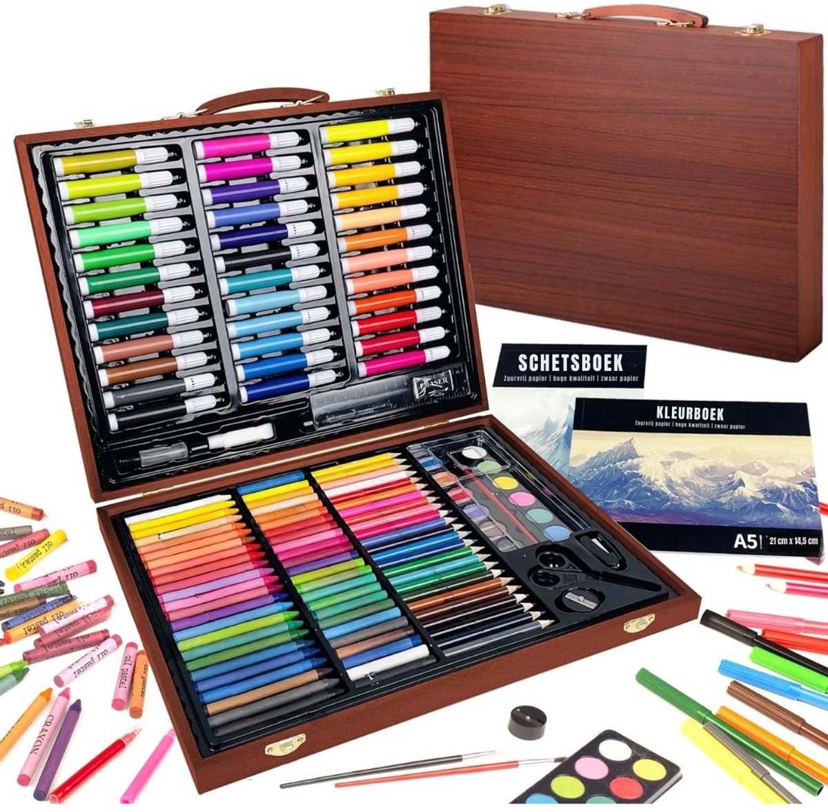 KIRA® Tekenset - Professionele Marker Organizer & Grote Pennentas - Luxe Teken Organizer & Pennenetui - Bruin - 38cm x 30cm x 6cm